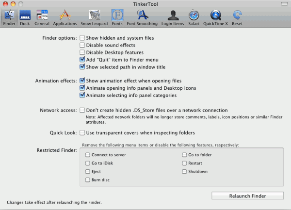 Mac beállítások TinkerTool programmal - Finder