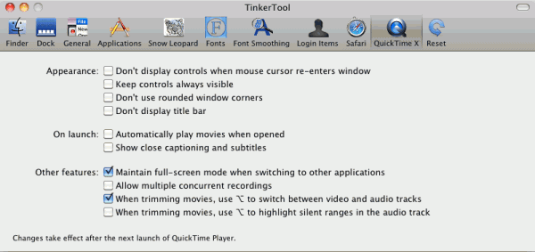 Mac beállítások TinkerTool programmal - QuickTime Player
