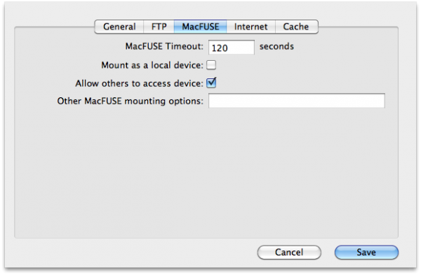 WebDrive for Mac OS X - MacFUSE beállítások