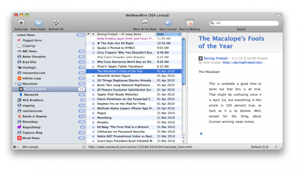 NetNewsWire széles képernyőn - Mac
